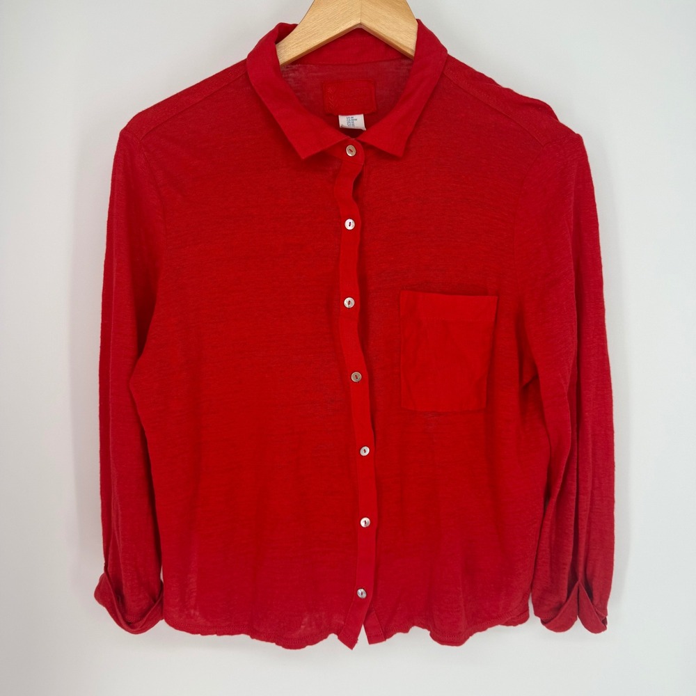 Sigrid Olsen Red 100% Linen, Shell Button Down Shirt Long Sleeve Pocket Women M